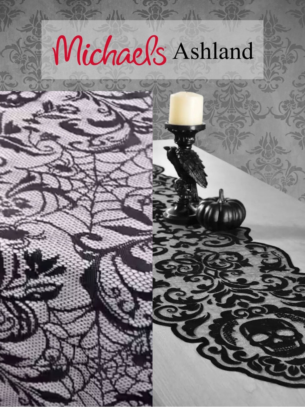 Michaels Ashland Gothic/Halloween Lace Table Cover and Lace Table Runner Bundle